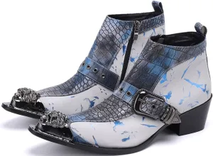 Santimon Mens Chelsea Boots Dress Casual Party Metal Tip Toe Genuine Leather Two Tone Snake Skin Texture Zipper Buckle Ankle Boots Fashion Western Cowboy Disco Ballroom Prom Chukka Boots