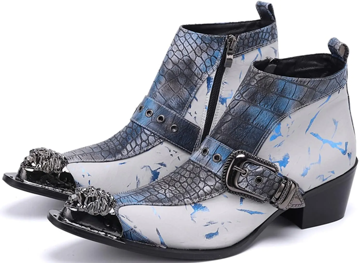Santimon Mens Chelsea Boots Dress Casual Party Metal Tip Toe Genuine Leather Two Tone Snake Skin Texture Zipper Buckle Ankle Boots Fashion Western Cowboy Disco Ballroom Prom Chukka Boots