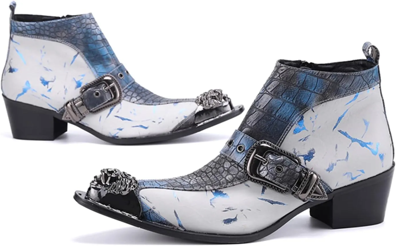Santimon Mens Chelsea Boots Dress Casual Party Metal Tip Toe Genuine Leather Two Tone Snake Skin Texture Zipper Buckle Ankle Boots Fashion Western Cowboy Disco Ballroom Prom Chukka Boots