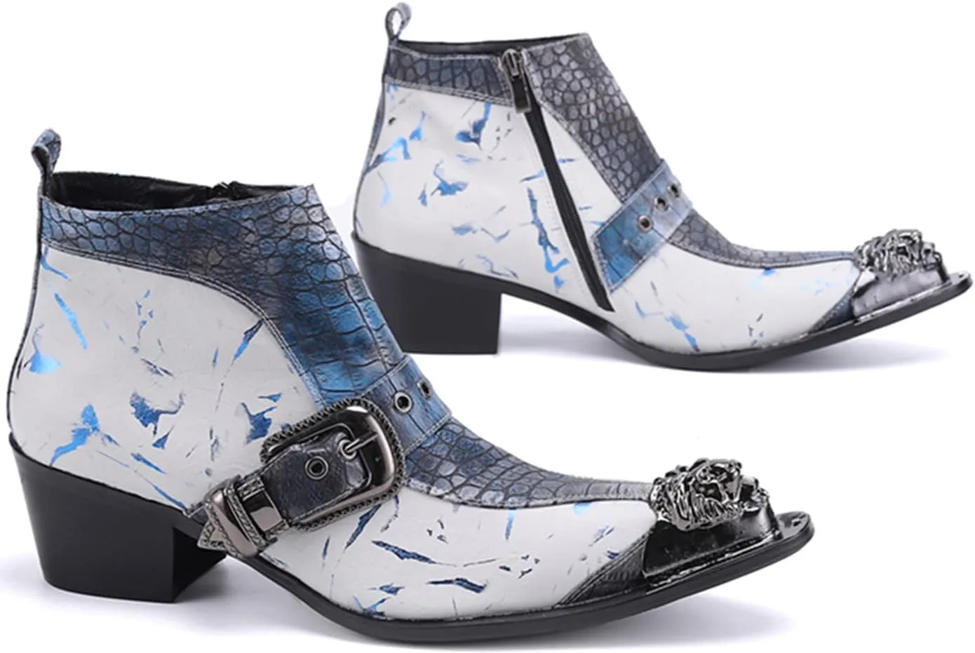 Santimon Mens Chelsea Boots Dress Casual Party Metal Tip Toe Genuine Leather Two Tone Snake Skin Texture Zipper Buckle Ankle Boots Fashion Western Cowboy Disco Ballroom Prom Chukka Boots