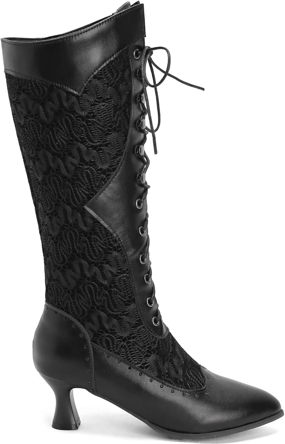 Seborluys Women Victorian Vintage Knee High Boots Kitten Heel Pointed Toe Lace Up Knee Length Boots Pull On Long Boot