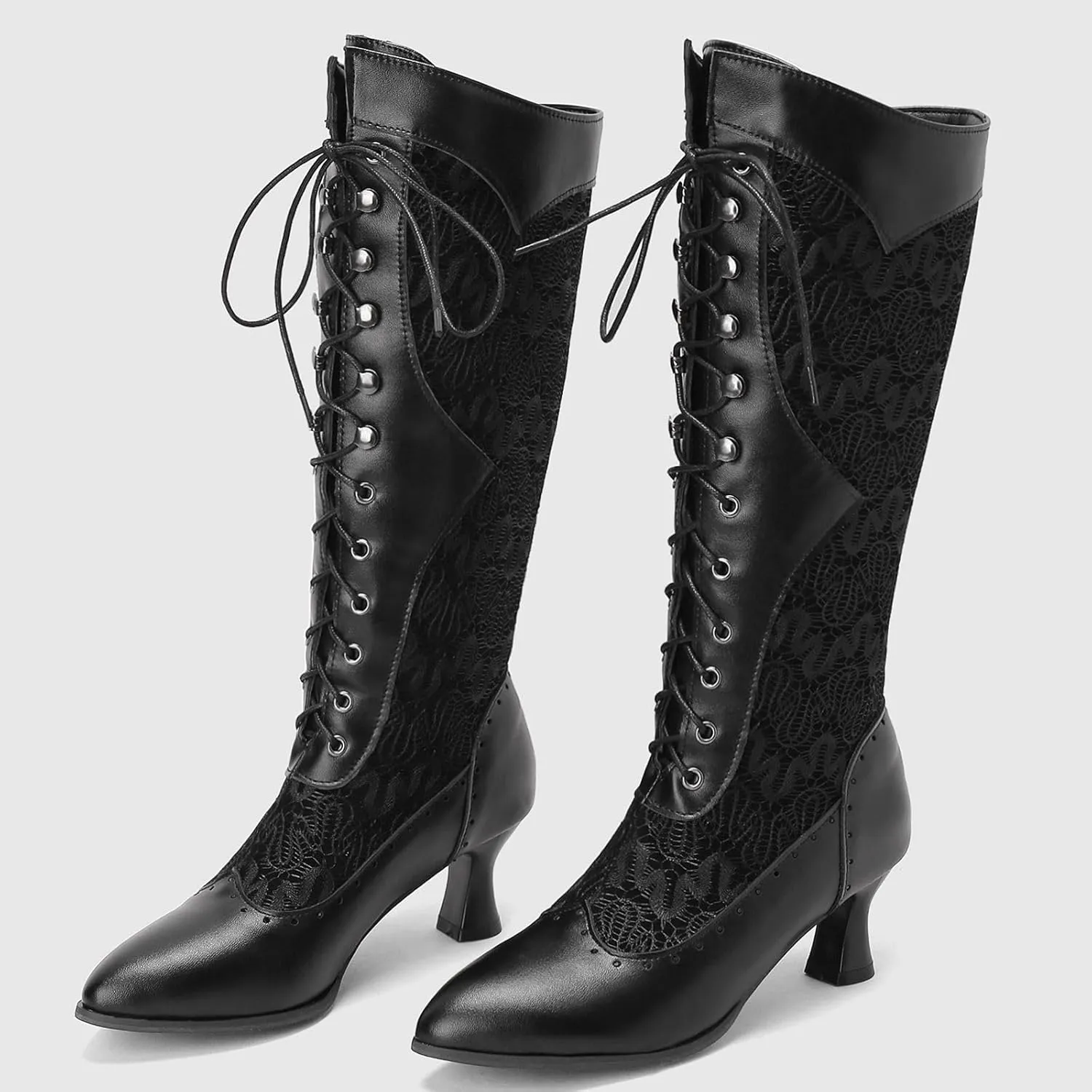 Seborluys Women Victorian Vintage Knee High Boots Kitten Heel Pointed Toe Lace Up Knee Length Boots Pull On Long Boot