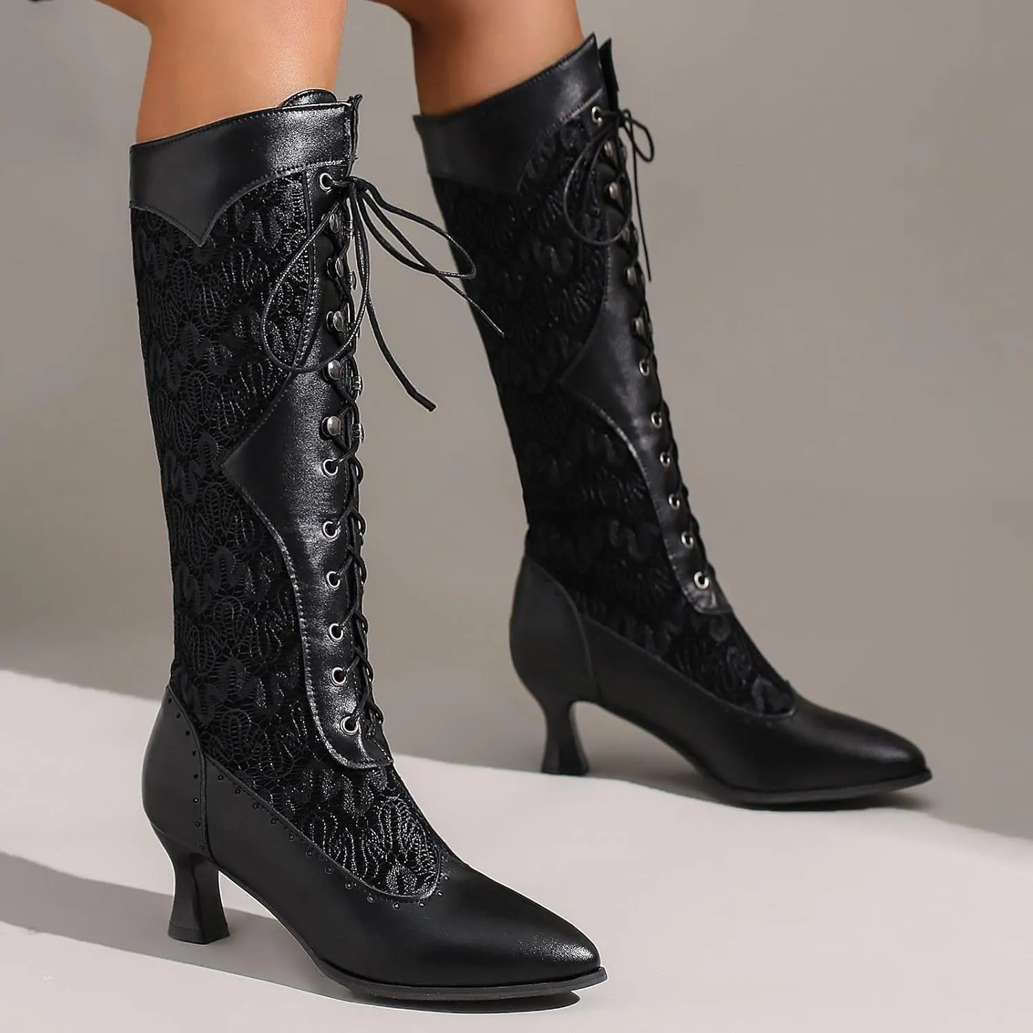 Seborluys Women Victorian Vintage Knee High Boots Kitten Heel Pointed Toe Lace Up Knee Length Boots Pull On Long Boot