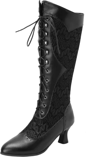 Seborluys Women Victorian Vintage Knee High Boots Kitten Heel Pointed Toe Lace Up Knee Length Boots Pull On Long Boot