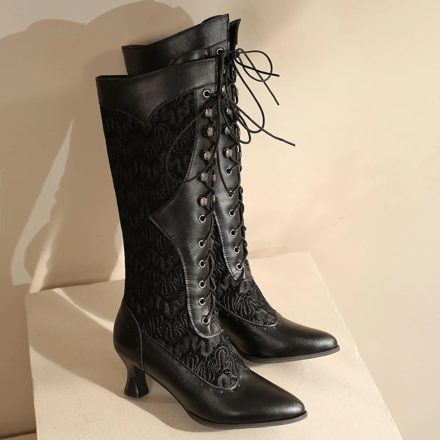 Seborluys Women Victorian Vintage Knee High Boots Kitten Heel Pointed Toe Lace Up Knee Length Boots Pull On Long Boot