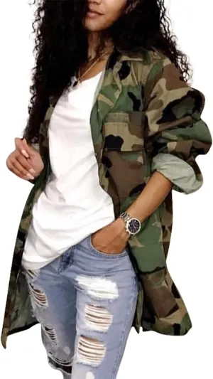 Sexy Camouflage Jacket for Women Army Fatigue Long Cargo Jackets Trench Coat Plus Size