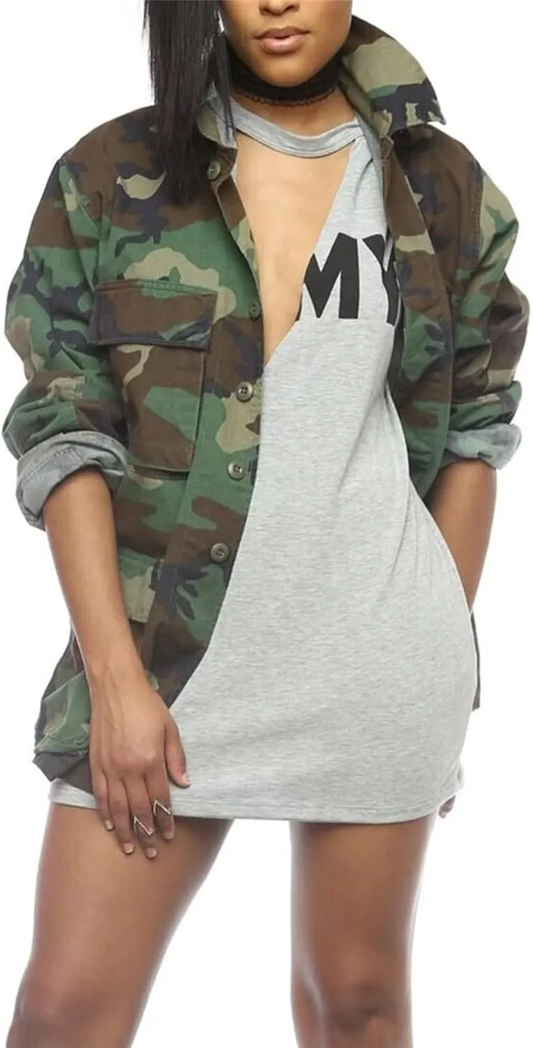 Sexy Camouflage Jacket for Women Army Fatigue Long Cargo Jackets Trench Coat Plus Size