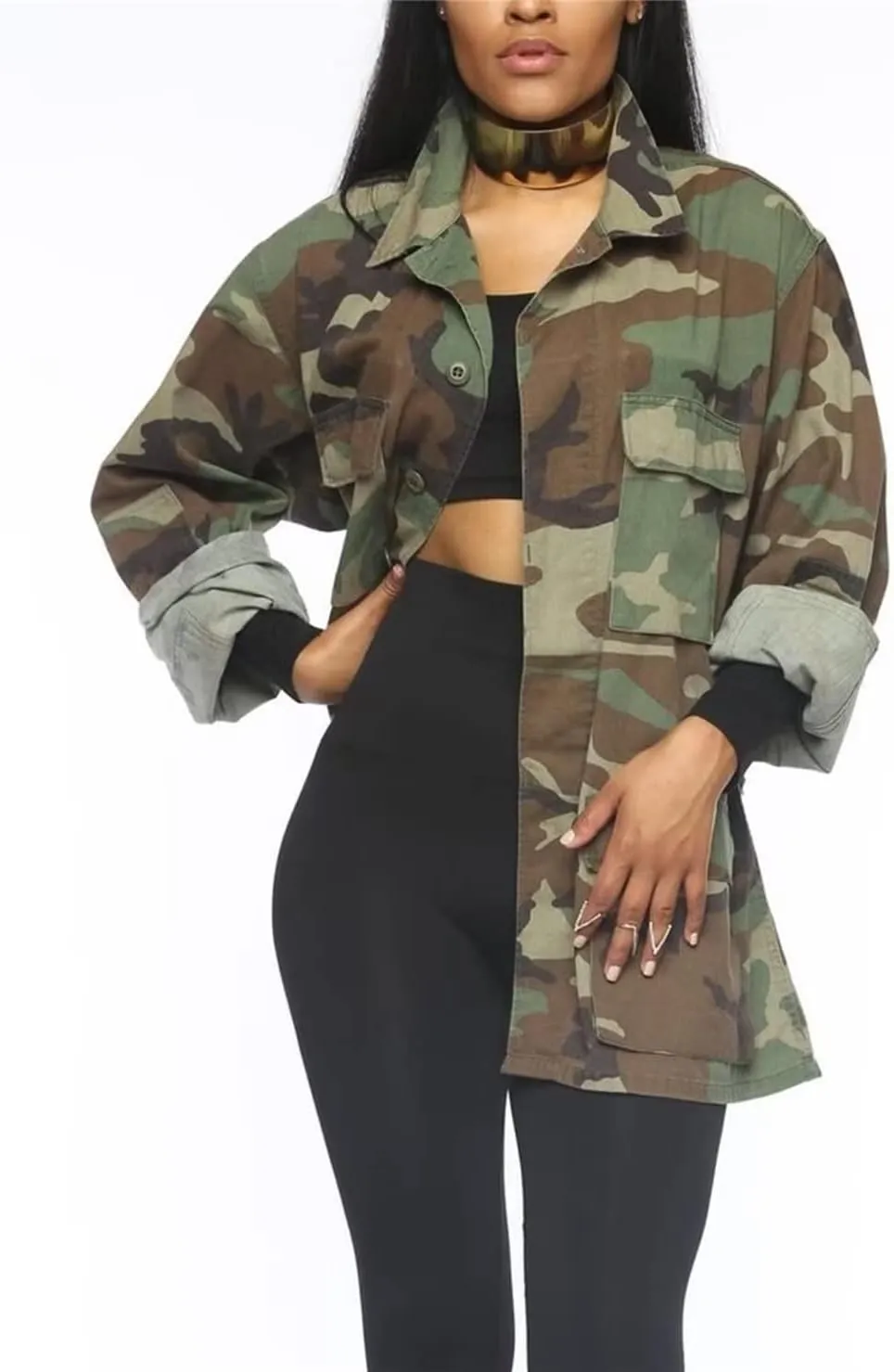 Sexy Camouflage Jacket for Women Army Fatigue Long Cargo Jackets Trench Coat Plus Size