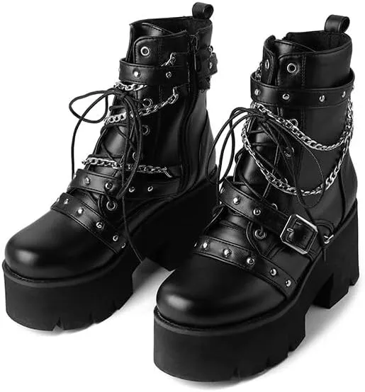 Shinelly Women's Goth Punk Platform Boots Chunky High Heel Ankle Boots Lace Up Round Toe Studded Motorcycle Combat Rave Buckle Booties with Chain Zipper