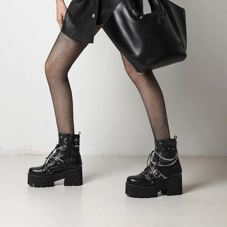 Shinelly Women's Goth Punk Platform Boots Chunky High Heel Ankle Boots Lace Up Round Toe Studded Motorcycle Combat Rave Buckle Booties with Chain Zipper