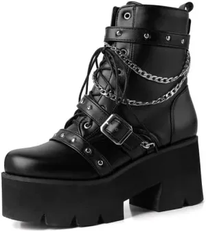 Shinelly Women's Goth Punk Platform Boots Chunky High Heel Ankle Boots Lace Up Round Toe Studded Motorcycle Combat Rave Buckle Booties with Chain Zipper