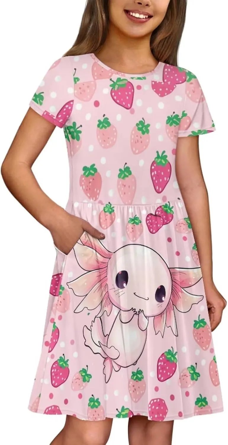 Short Sleeve Dresses for Girls School Dress with Pockets Twirly Skater Dress for 3-14 Years Old