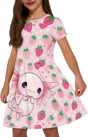 Short Sleeve Dresses for Girls School Dress with Pockets Twirly Skater Dress for 3-14 Years Old