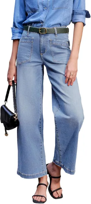 Sidefeel Women's Wide Leg Jeans High Waisted Stretchy Jeans Straight Leg Loose Fit Zimbaplatinum Ankle Denim Pants