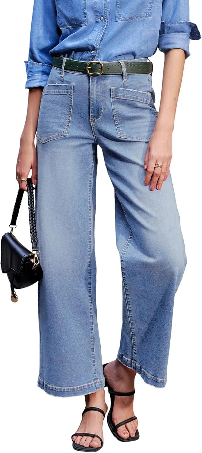 Sidefeel Women's Wide Leg Jeans High Waisted Stretchy Jeans Straight Leg Loose Fit Zimbaplatinum Ankle Denim Pants