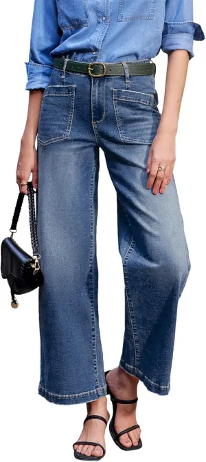 Sidefeel Women's Wide Leg Jeans High Waisted Stretchy Jeans Straight Leg Loose Fit Zimbaplatinum Ankle Denim Pants