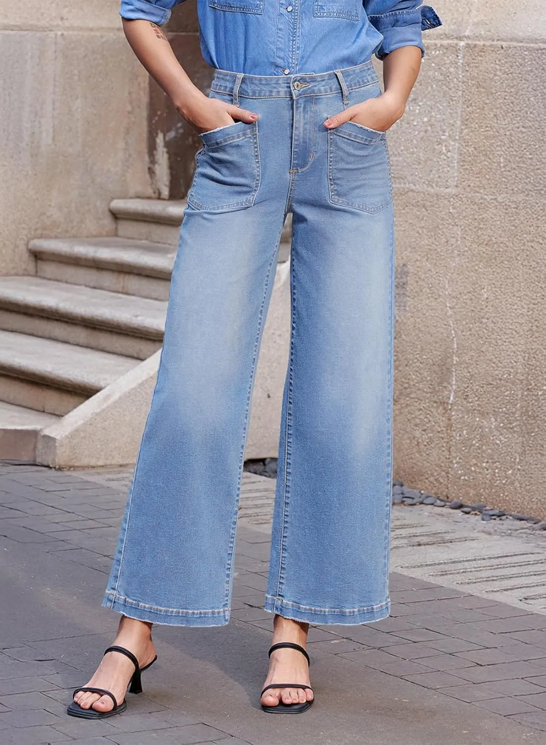 Sidefeel Women's Wide Leg Jeans High Waisted Stretchy Jeans Straight Leg Loose Fit Zimbaplatinum Ankle Denim Pants