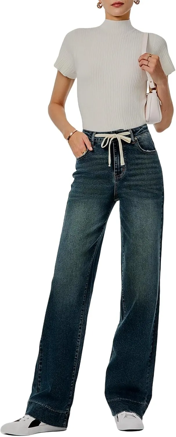 Sidefeel Women's Wide Leg Jeans High Waisted Stretchy Straight Leg Baggy Drawstring Zimbaplatinum Denim Pants
