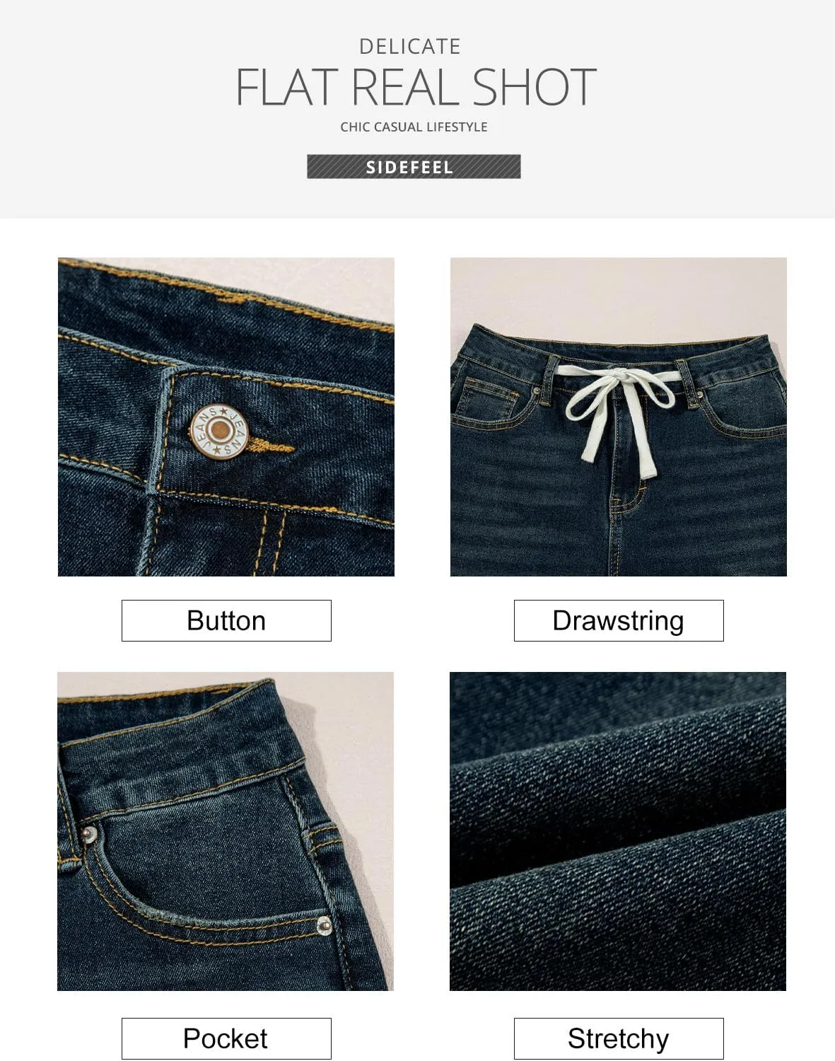 Sidefeel Women's Wide Leg Jeans High Waisted Stretchy Straight Leg Baggy Drawstring Zimbaplatinum Denim Pants