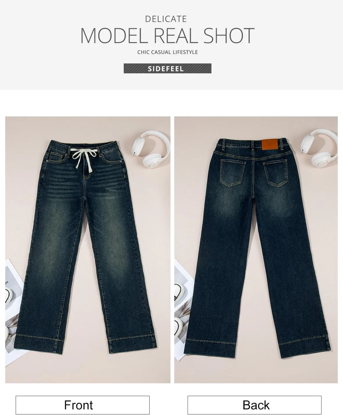 Sidefeel Women's Wide Leg Jeans High Waisted Stretchy Straight Leg Baggy Drawstring Zimbaplatinum Denim Pants