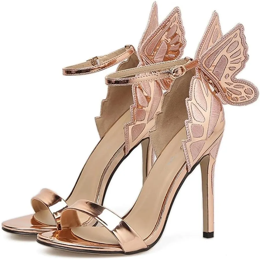 Silver Shoes for Women Butterfly Wings Sandals Women Sexy Stiletto Patent Leather Party Dress Open Toe Buckle High Heels Platform Shoes Lady
