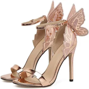 Silver Shoes for Women Butterfly Wings Sandals Women Sexy Stiletto Patent Leather Party Dress Open Toe Buckle High Heels Platform Shoes Lady