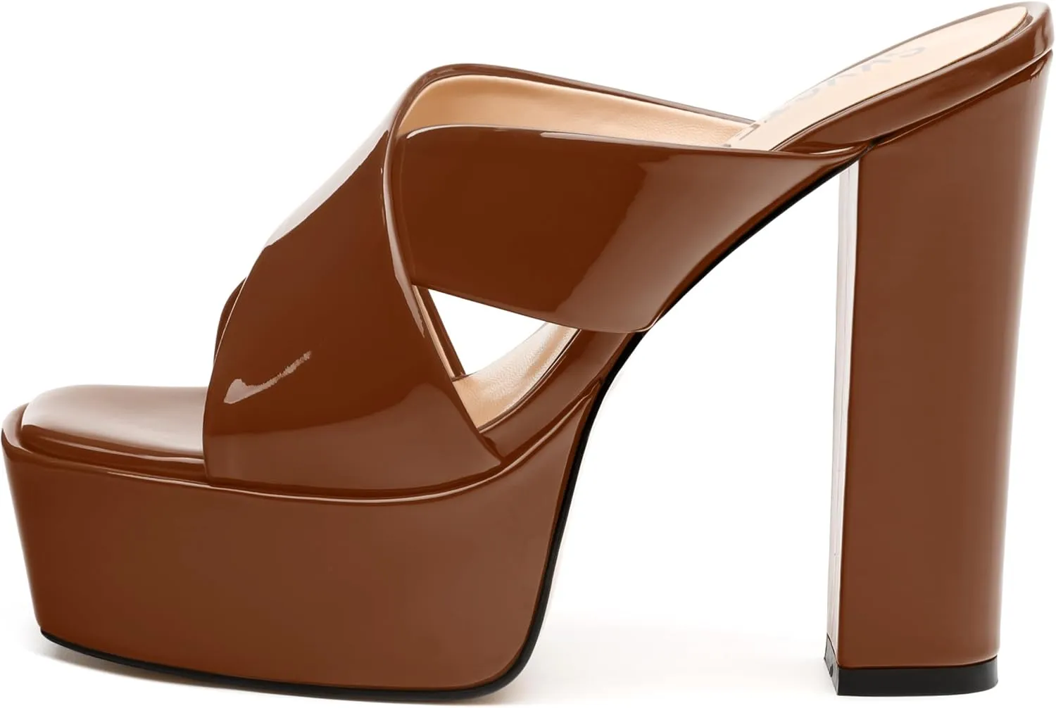 SKYSTERRY Women's Platform Heels 5.1-Inch High Chunky Block Wedges Heel Square Open Toe Sandals Patent Comfortable Slip On Cross-Strap Dressy Pumps Shoes