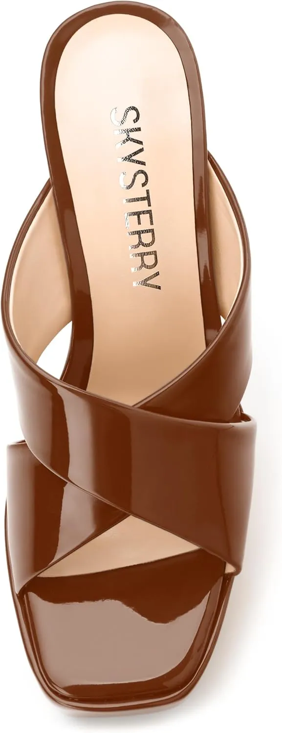 SKYSTERRY Women's Platform Heels 5.1-Inch High Chunky Block Wedges Heel Square Open Toe Sandals Patent Comfortable Slip On Cross-Strap Dressy Pumps Shoes