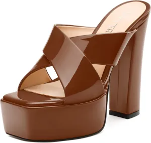 SKYSTERRY Women's Platform Heels 5.1-Inch High Chunky Block Wedges Heel Square Open Toe Sandals Patent Comfortable Slip On Cross-Strap Dressy Pumps Shoes