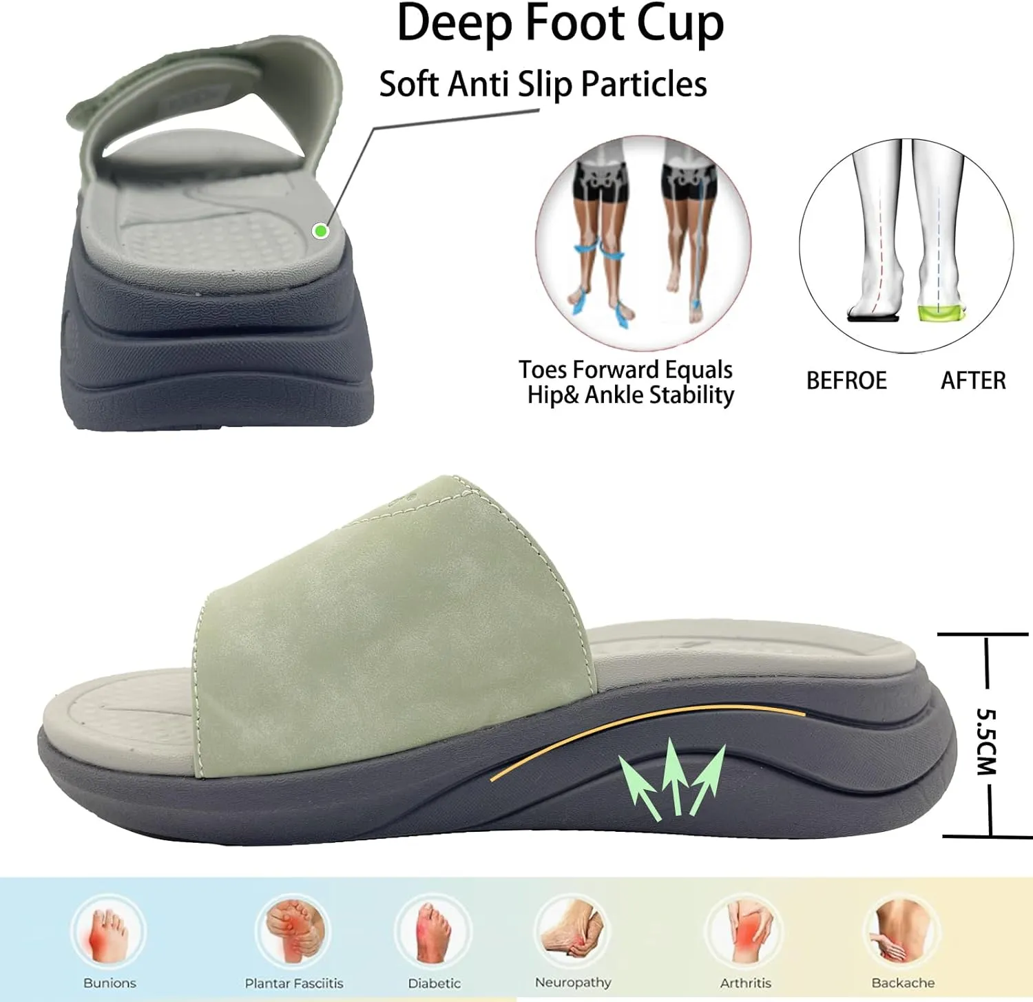 Slide Sandals for Women with Adjustable Width Arch Support Orthotic for Plantar Fasciitis Swollen Feet Pain Relief Neuropathy