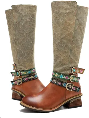 Socofy Womens Leather Knee Long Block Heels Boots, Vintage Bohemian Long Boots Handmade Flat Knee Boots Winter Snow Boots Cowgirls Wide Calf Splicing Pattern Anti Slip Walking Boots for Party Wedding