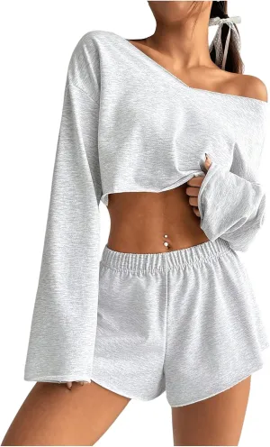 SOLY HUX Women's Sweatsuits 2 Piece Lounge Set Off The Shoulder Long Sleeve Crop Top and Shorts Outfits