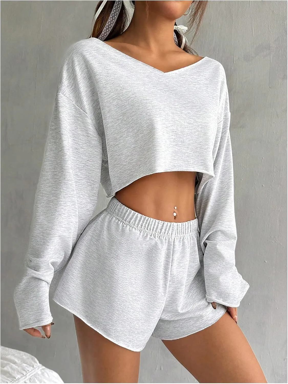 SOLY HUX Women's Sweatsuits 2 Piece Lounge Set Off The Shoulder Long Sleeve Crop Top and Shorts Outfits