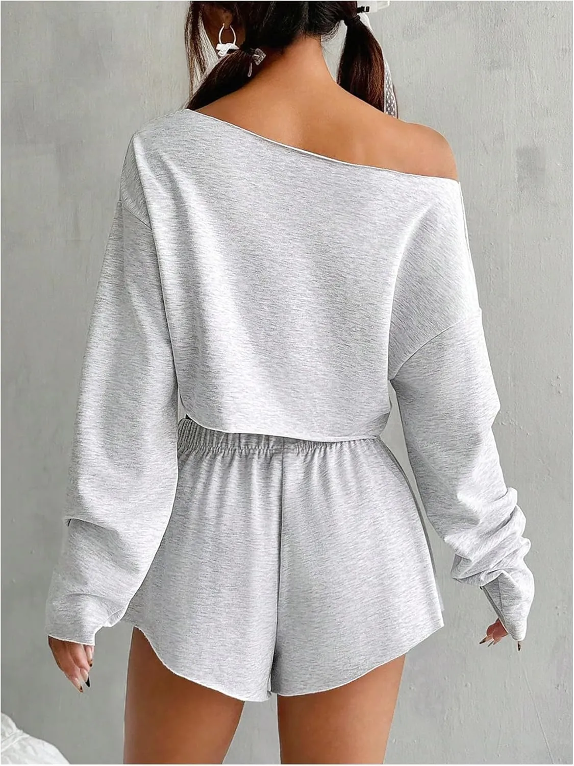SOLY HUX Women's Sweatsuits 2 Piece Lounge Set Off The Shoulder Long Sleeve Crop Top and Shorts Outfits