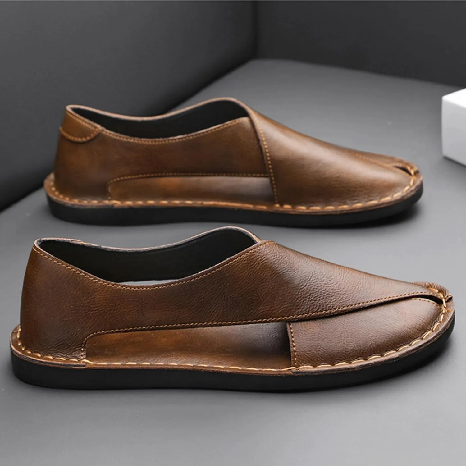 Soulario Leather Sandals for Men | Mens Dress Sandals | Brown Black Leather Slippers Summer | 2025 New Cross Sandal