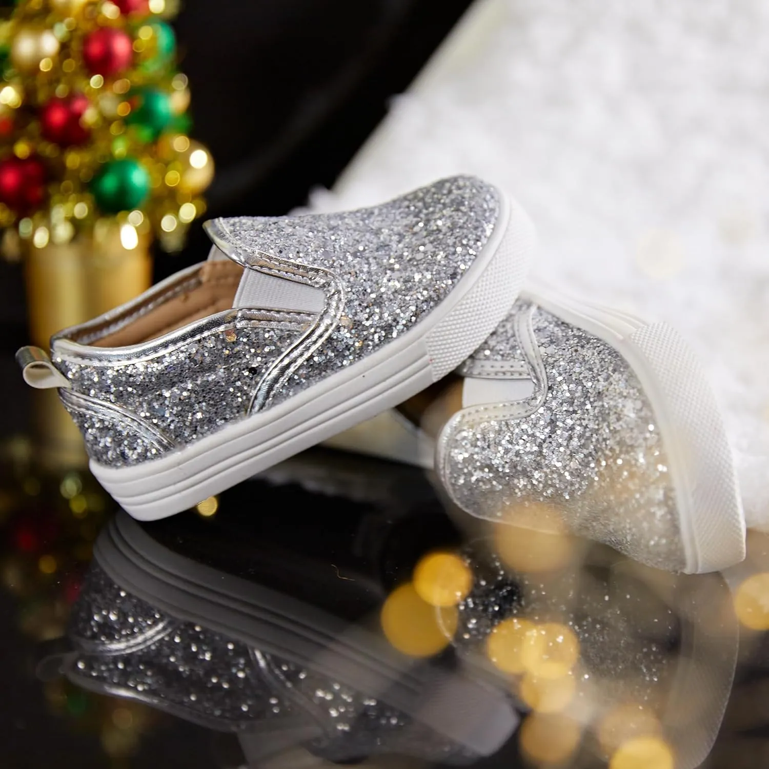 Sparkly Sneakers for Girls 3-12 Years Slip-On Comfort Fit Casual Princess Shoes