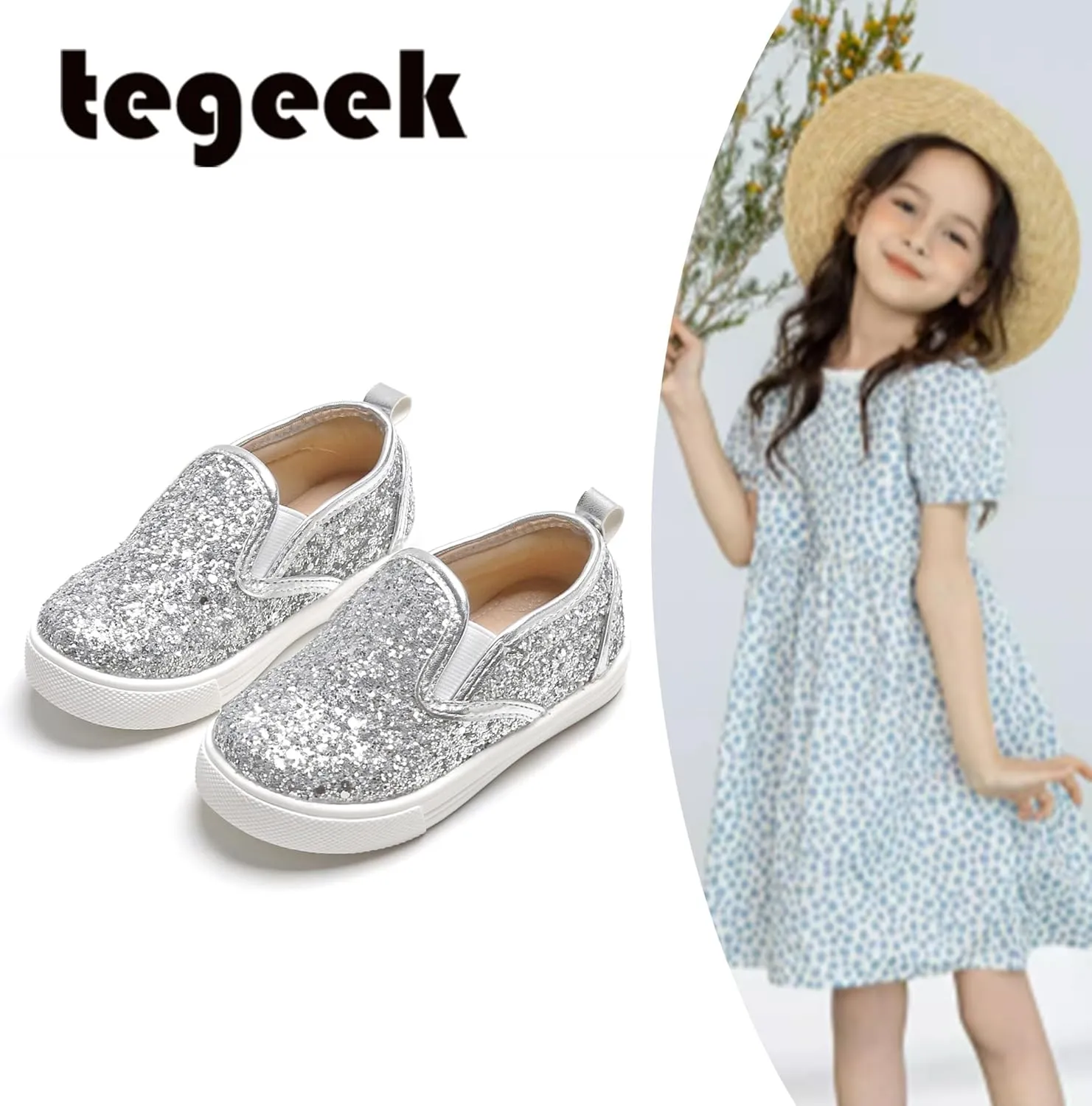 Sparkly Sneakers for Girls 3-12 Years Slip-On Comfort Fit Casual Princess Shoes