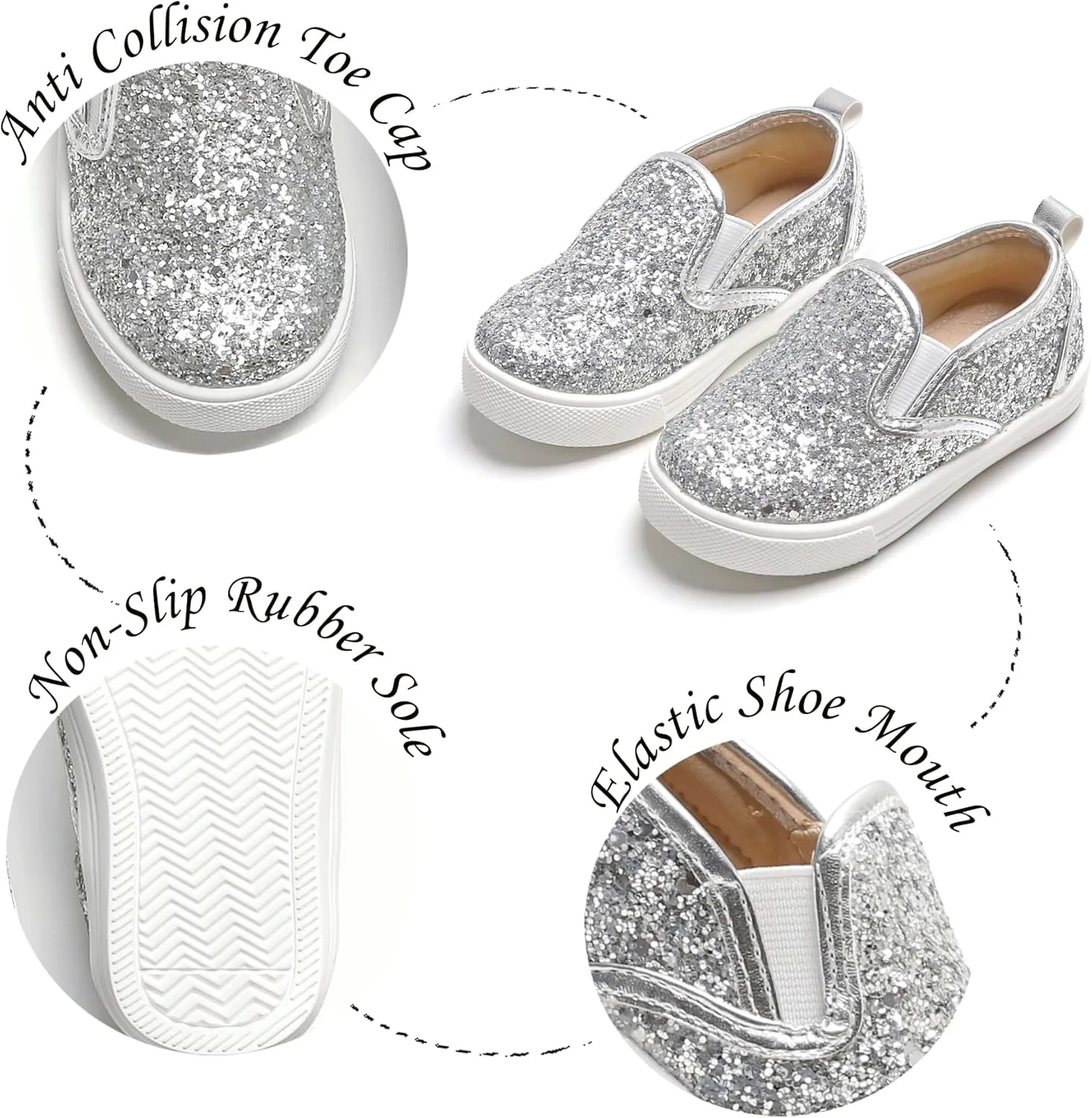 Sparkly Sneakers for Girls 3-12 Years Slip-On Comfort Fit Casual Princess Shoes