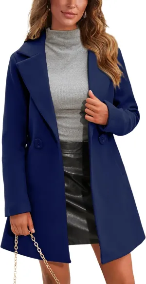 Springrain Women's Wool Pea Coat Notched Collar Double Breasted Midi Long Trench Coat Outwear
