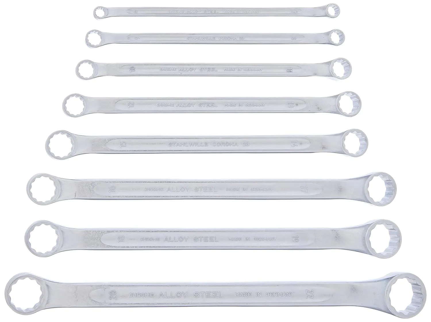 Stahlwille 96410704 Double Ended Ring Wrench Set Corona, 6mm x 7mm to 20mm x 22mm, Shallow Offset, Chrome Alloy Steel, Chrome Plated, No.23/8, 8 pcs