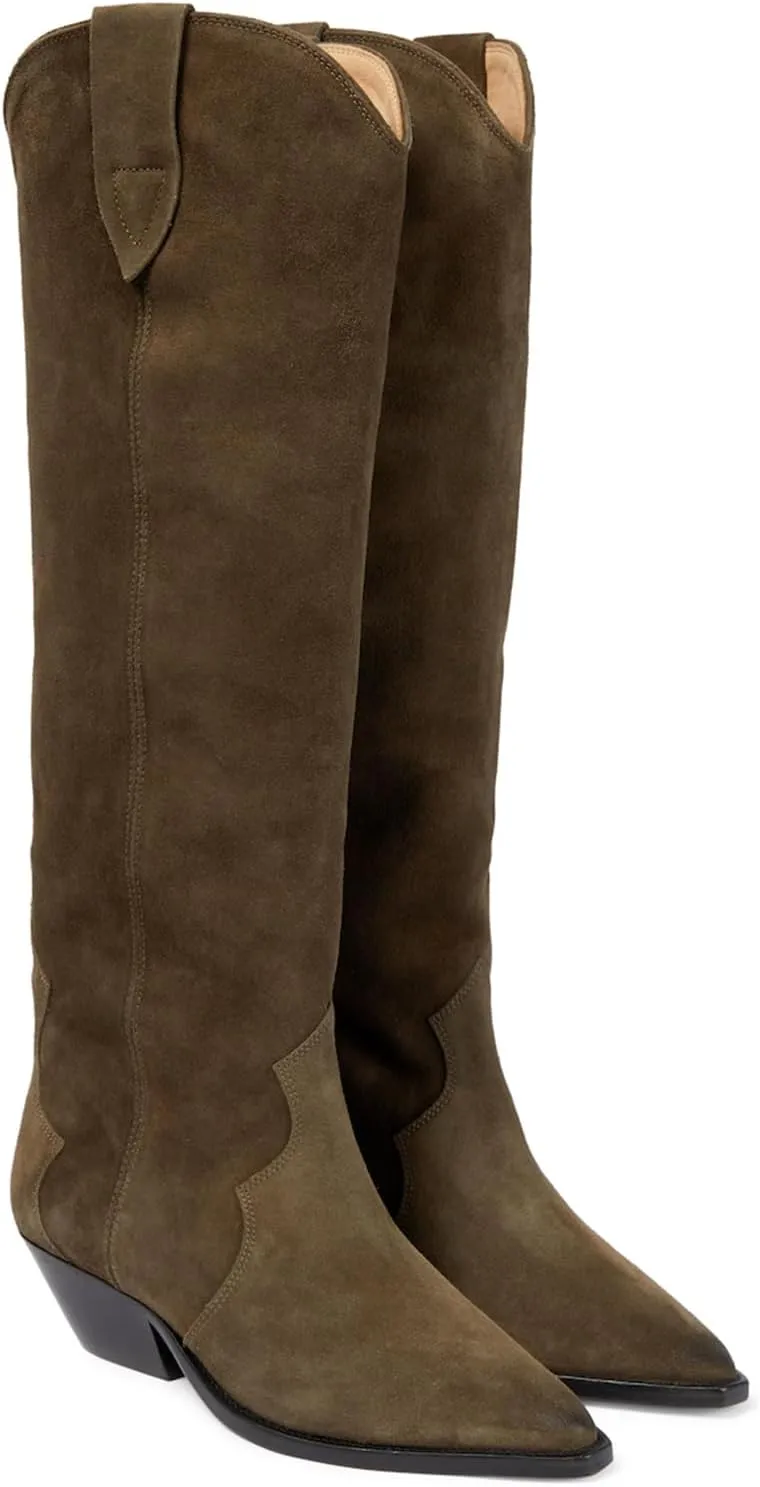 Suede Knee High Boots for Women Pointed Toe Cowboy Boots Chunky Low Heels Tall Long Boots Dressy Pull on Wide Calf Fashion Casual