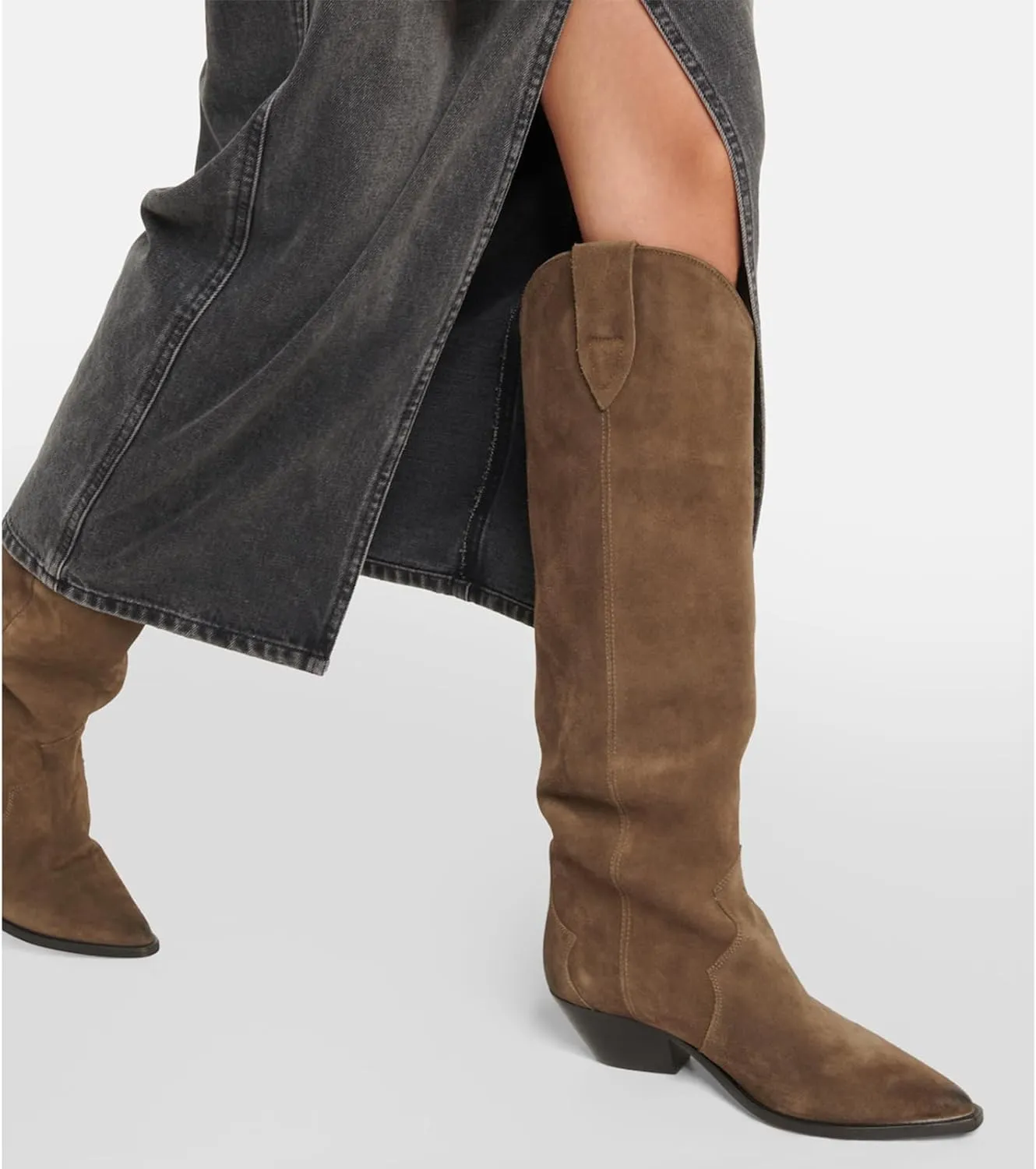 Suede Knee High Boots for Women Pointed Toe Cowboy Boots Chunky Low Heels Tall Long Boots Dressy Pull on Wide Calf Fashion Casual