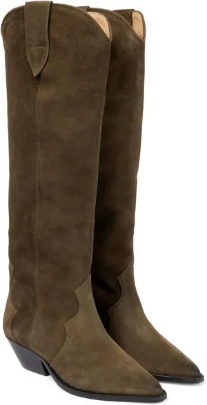 Suede Knee High Boots for Women Pointed Toe Cowboy Boots Chunky Low Heels Tall Long Boots Dressy Pull on Wide Calf Fashion Casual