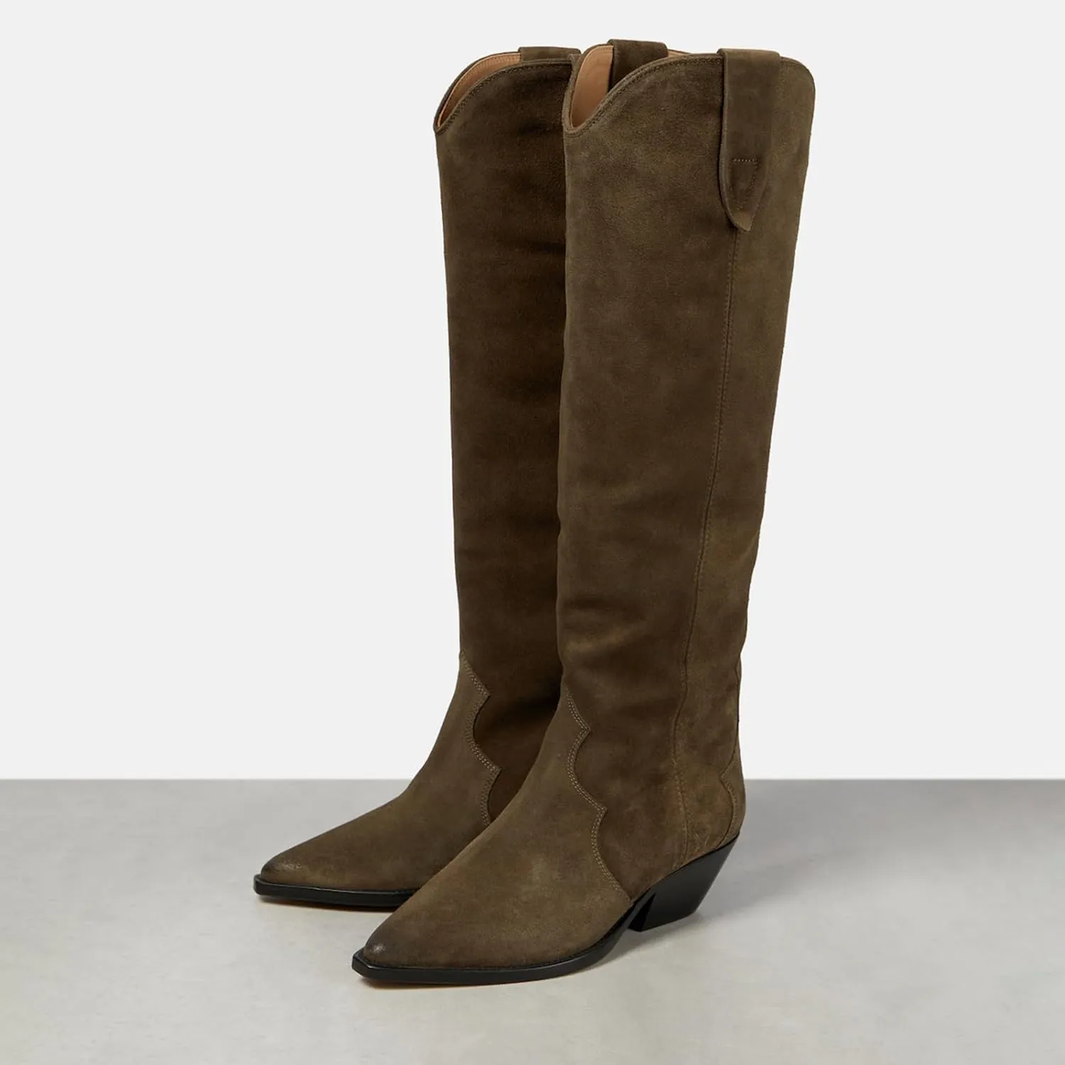 Suede Knee High Boots for Women Pointed Toe Cowboy Boots Chunky Low Heels Tall Long Boots Dressy Pull on Wide Calf Fashion Casual