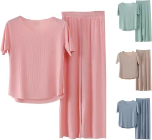 Summer Lounge Sets Women 2 Piece Short Sleeve Ice Silk Soft Pajama 2025 Plus Size Casual Wide Leg Comfy Sleepwear