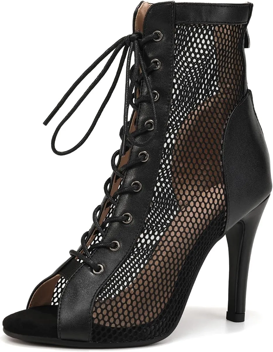 SWDZM Women Latin Dance Boots Ankle Open Toe Ballroom Salsa Professional Dancing Heels