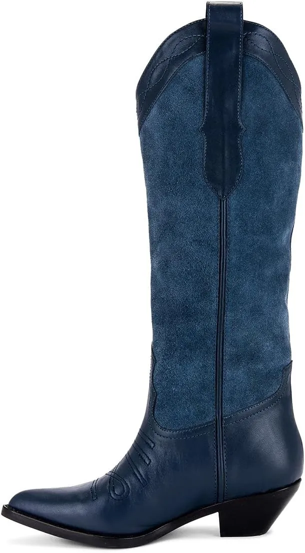 Tang'scuisins Women Modern Closed Pointed Toe Knee High Boots Chunky Mid Heel Pull on Riding Boots Casual Outdoor Dress Office Cowboy Boots Size 4-16 US
