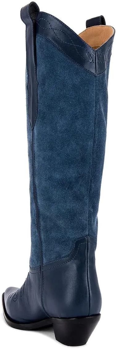 Tang'scuisins Women Modern Closed Pointed Toe Knee High Boots Chunky Mid Heel Pull on Riding Boots Casual Outdoor Dress Office Cowboy Boots Size 4-16 US