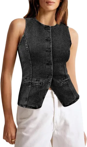 Tankaneo Womens Button Down Denim Vest Tops Sleeveless Fitted Jean Tank Tops Summer Trendy Casual Waistcoat