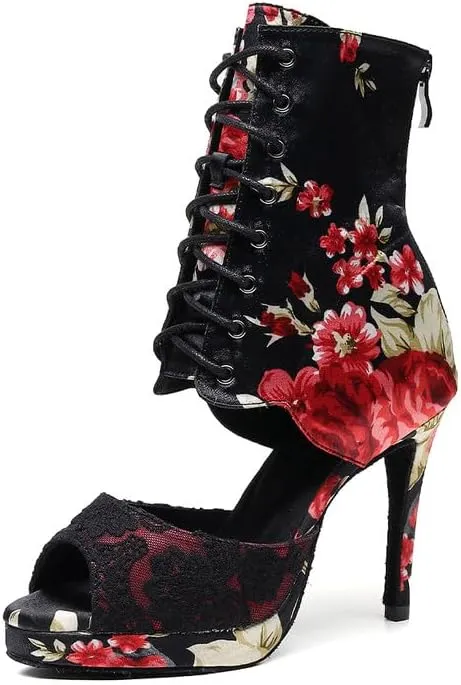 TINRYMX Women Ballroom Dance Boots Latin Salsa Ankle Dance Booties Performance Dance Shoes Outdoor Dancing, Model-QJW7269